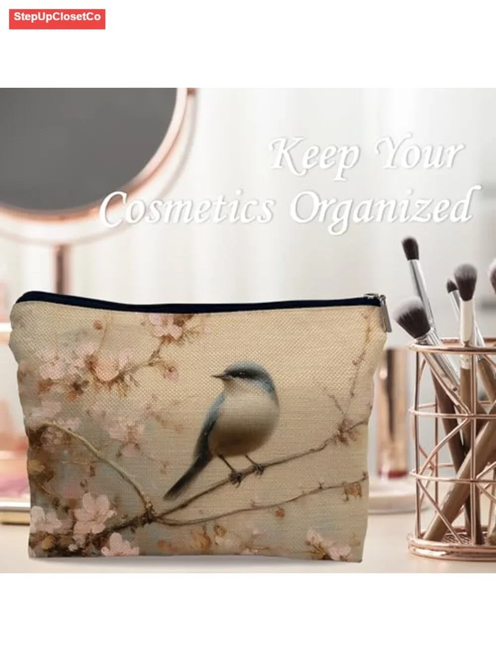 Floral Bird Print Cosmetic Bag Linen Canvas Toiletry Pouch Zipper